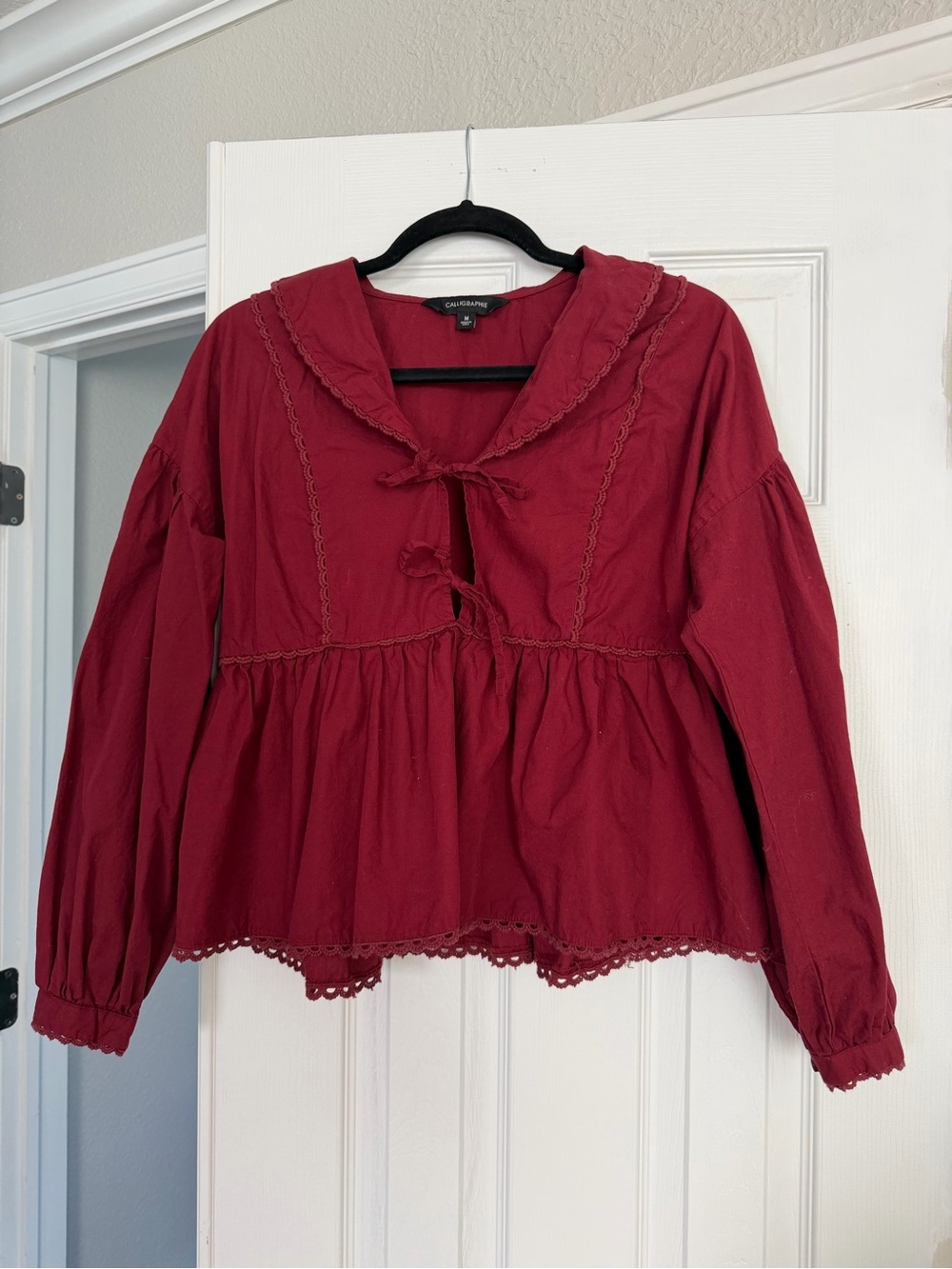 Caslon Women's Deep Red Peasant Tie-Front Peplum Blouse